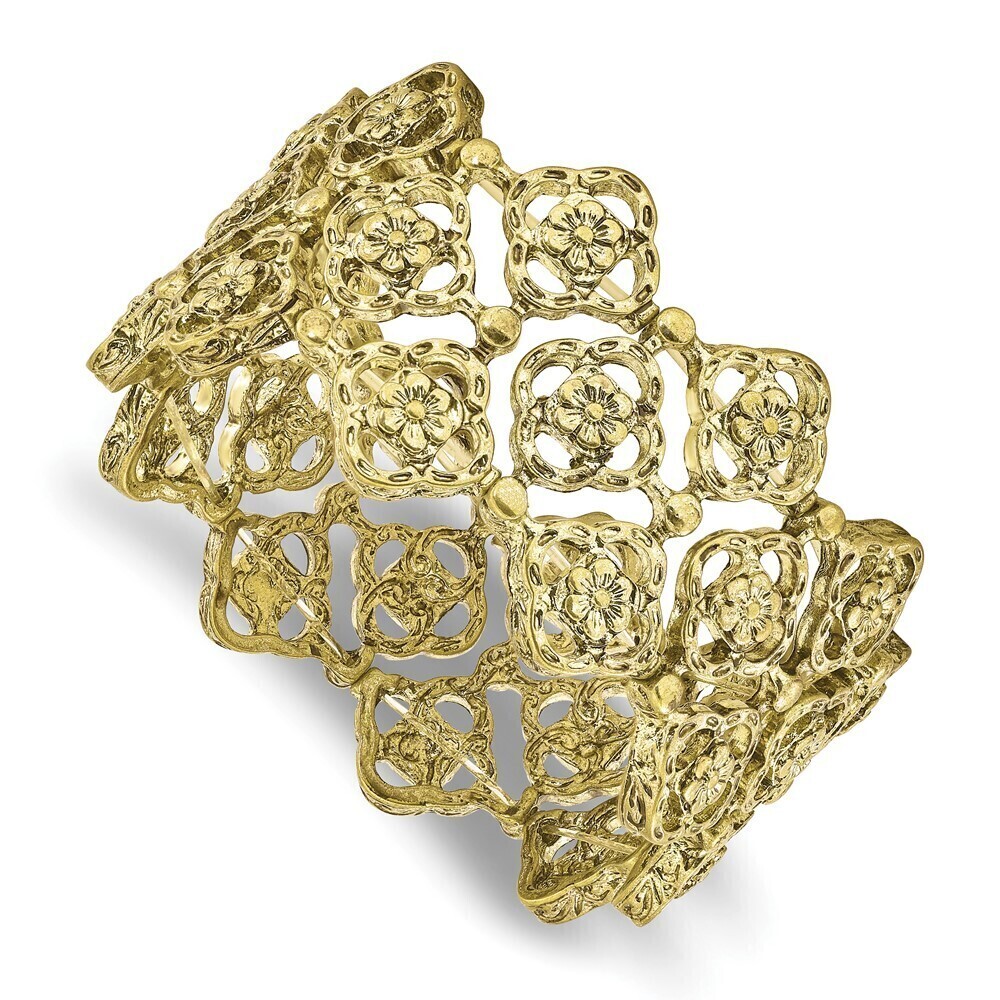 1928 Jewelry Brass-tone Wide Filigree Floral Pattern Link Stretch Bracelet